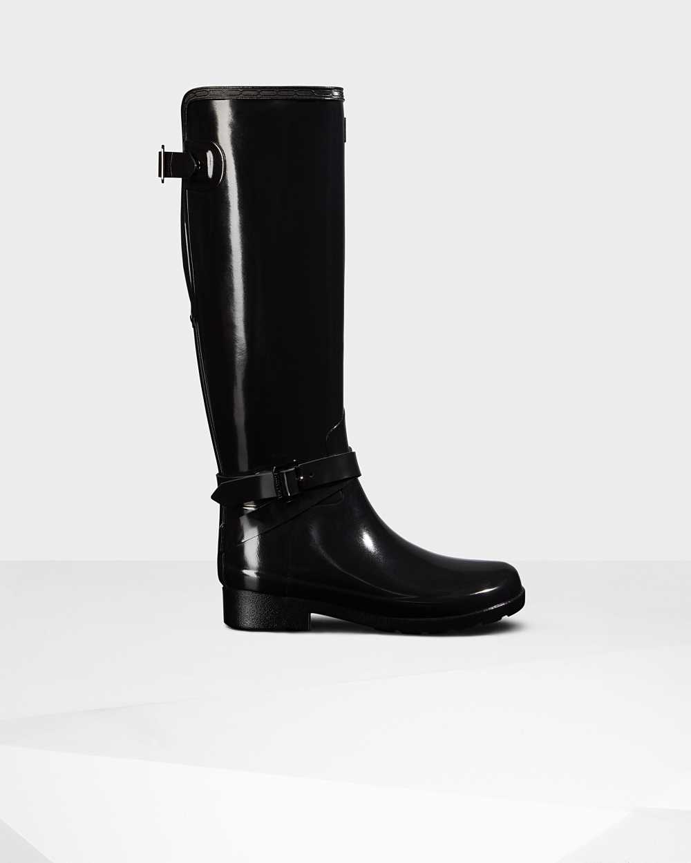 Womens Hunter Refined Adjustable Tall Gloss Rain Boots Black | HICUVO-396